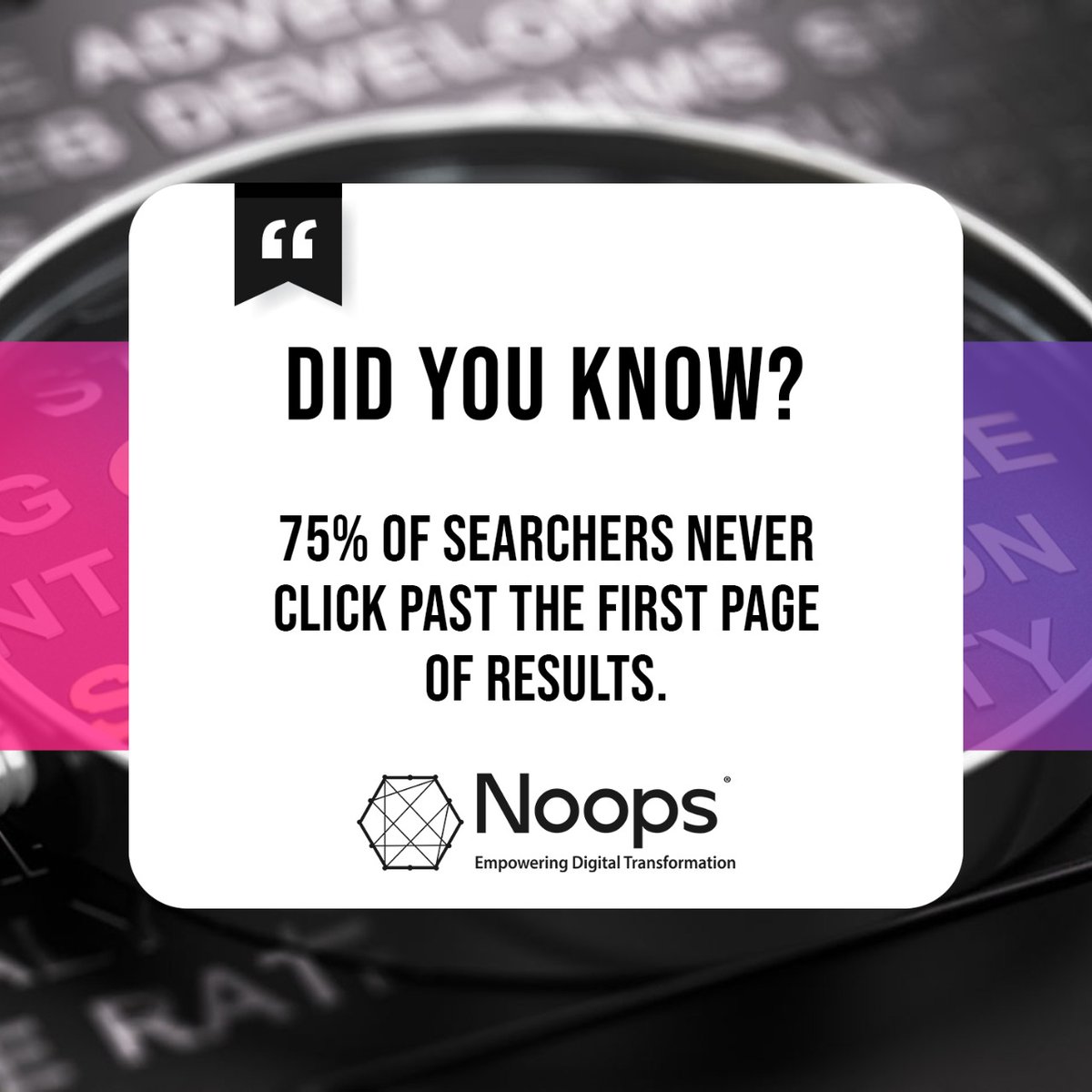 Noops_ltd's tweet photo. 75% of Internet users never scroll past the first page of search results, which means you'll need to get on that first page to capture people's attention. One of the best ways to do this is by coming up with strong keywords...

https://t.co/mK6wZnsdMJ

#noops #DidYouKnow #info https://t.co/LE8nysT8Iy