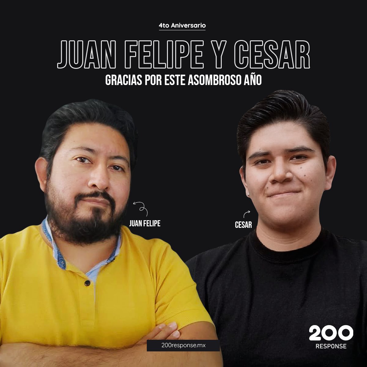 200Response's tweet image. 🔥Ufff🔥  🗣Hoy estamos de manteles largos... ¡Aniversario doble!. 🥳

🤩Esta celebración si se va a poner buena. Cesar Cid, y Juan Felipe.  🥳🥳

👏¡Muchas felicidades! ☝ Gracias por seguir siendo piezas esenciales de esta gran empresa llamada #200Response. #Tehuacán