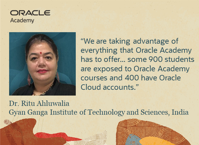 OracleAcademy's tweet photo. #TechTuesday! Read our new @OracleAcademy member success story: Dr. Ritu Ahluwalia, head of the #database management program in the Dept. of #ComputerScience and #Engineering at @GyanGangaGroup, #India, where she focuses on @Oracle technologies. Read > https://t.co/SxCRkJwKWB https://t.co/AkAzdrpVj3