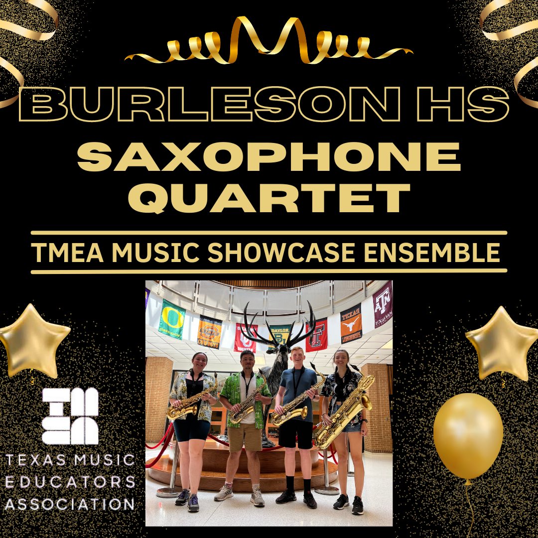 The good news keeps rolling in!  We are SO proud of our Saxophone Quartet for being selected for the Texas Music Educators Association (TMEA) Convention as a Music Showcase Ensemble!  Way to go!! #TMEA <a href="/BurlesonISD/">BurlesonISD</a> <a href="/WayneLeek1/">Wayne Leek</a> <a href="/CoachOzee/">Kevin Ozee</a>