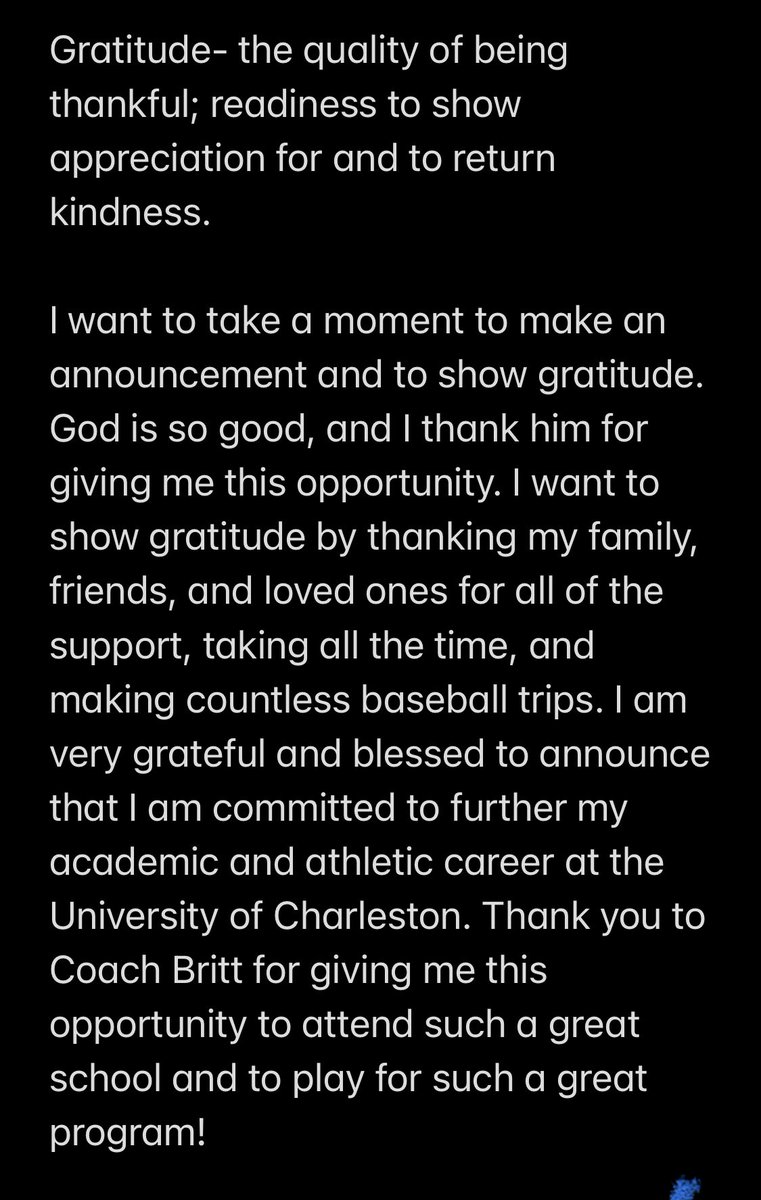 I am very excited to announce that I am committed to further my academic and athletic career at the University of Charleston! <a href="/UCWV_Baseball/">Charleston Golden Eagles Baseball</a> <a href="/CoachRB6/">Robbie Britt</a> <a href="/USElitebase/">US Elite Baseball</a> <a href="/maryland_us/">US ELITE MID ATLANTIC BASEBALL</a> <a href="/UsVirginia/">US ELITE WEST VIRGINIA</a> <a href="/PBColtsBaseball/">Philip Barbour Baseball</a>