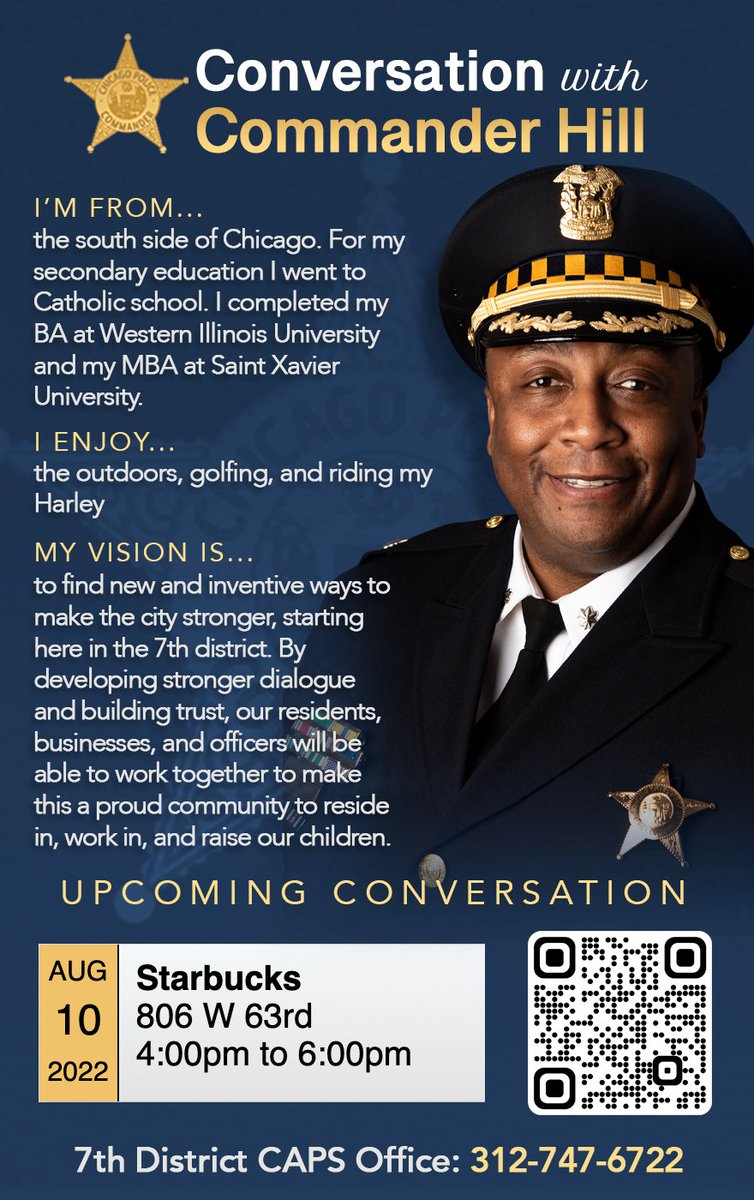 Join us tomorrow from 4-6pm at Starbucks (806 W 63rd St) for Conversation with Commander Hill! Find out about public safety efforts in your neighborhood, share ideas, and learn about more ways you can get involved. chicagopolice.page.link/cwc007 #ConversationsWithACommander