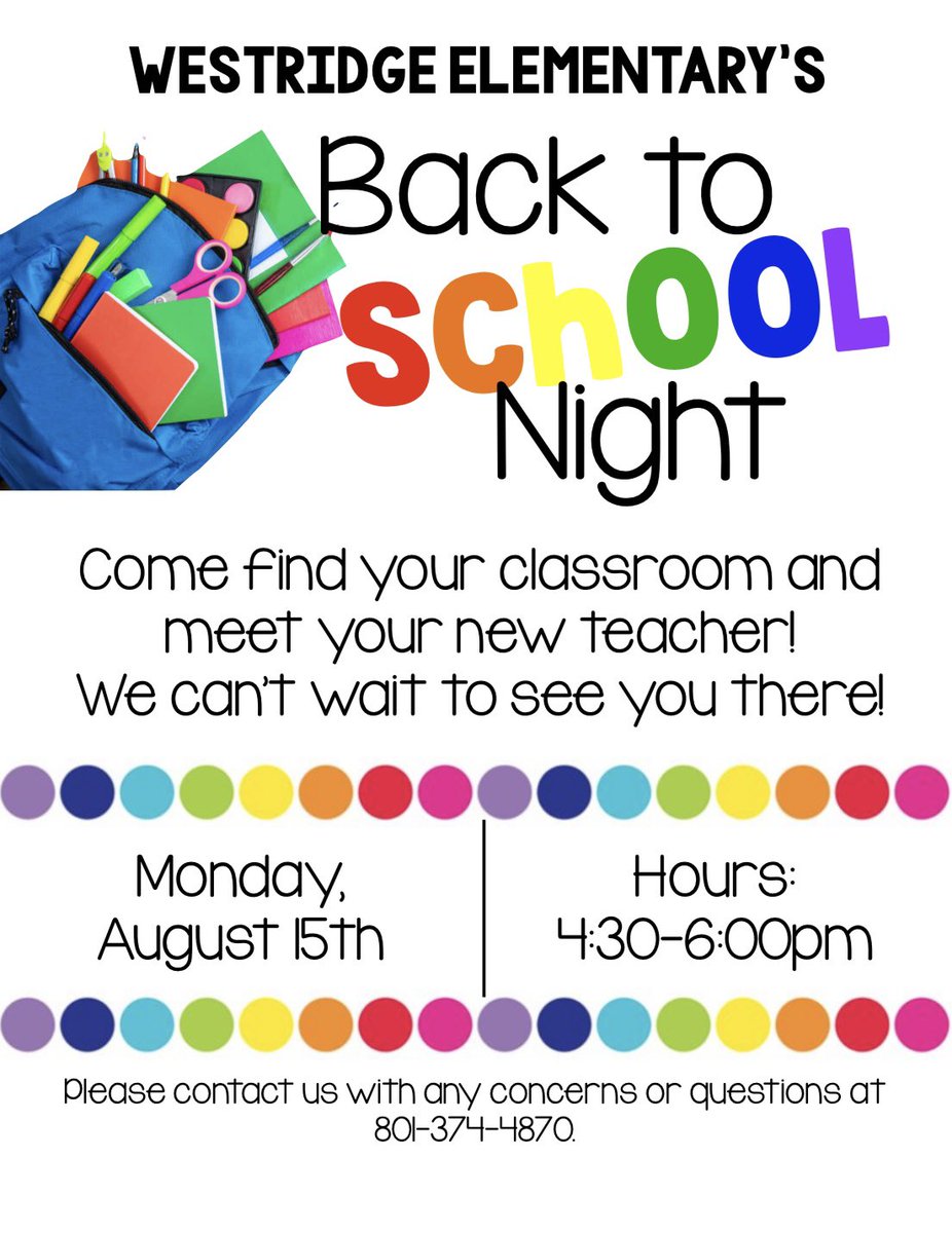 WestridgeSM's tweet photo. Back to School Night next Monday, August 15th from 4:30-6:00pm. Parents, check your emails for a message from Principal Hawkins. We are excited to see you soon Wildcats! https://t.co/WgoMWa3l5m