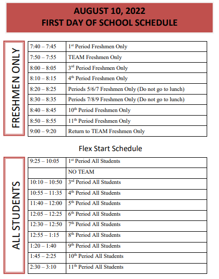 School starts tomorrow! Freshmen will be starting their day off at 7:40 AM &amp; will follow a "Freshman Five" schedule. Sophomores-Seniors will join us beginning at 9:25 AM. From there, all students will follow our Flex Start schedule. See you tomorrow, Bulldogs!