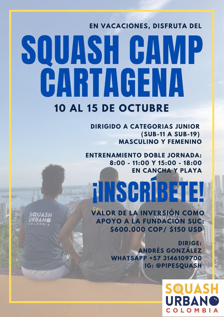 ¿YA SEPARASTE TU CUPO?🧾📌 Escríbele a <a href="/pipesquash/">Andres Gonzalez</a> y asegura esta increíble experiencia de aprendizaje 🧑🏻‍🏫
•
¡NOS VEMOS ACÁ! 🏖
•
#SquashUrbanoColombia #CampamentoSUC #Squash #Aprendizaje #Fundacion