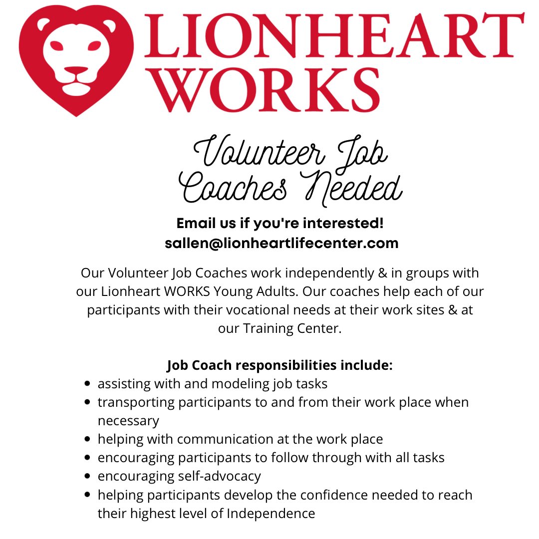 Are you interested in volunteering at Lionheart WORKS? We are searching for volunteer job coaches who will work alongside our staff to support our Lionheart WORKS participants at their jobs. If you’re interested in this opportunity please send us a message! 
#volunteer
