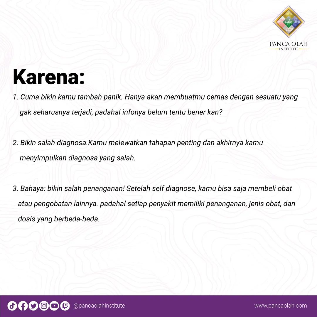 pancaolah's tweet image. Saat kamu merasa ada hal yang kurang beres dalam hidupmu, segera hubungi profesional untuk mendapat bimbingan yang tepat.

#selfdiagnose #pancaolahinstitute #pancaolah