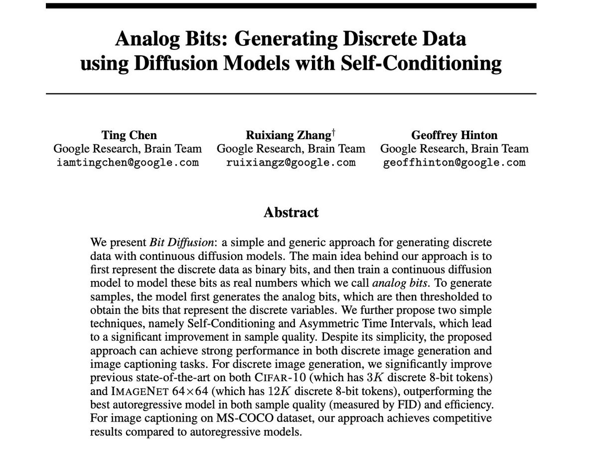 _akhaliq's tweet image. Analog Bits: Generating Discrete Data using Diffusion Models with Self-Conditioning
abs: arxiv.org/abs/2208.04202 

first represent the discrete data as binary bits, and then train a continuous diffusion model to model these bits as real numbers called analog bits