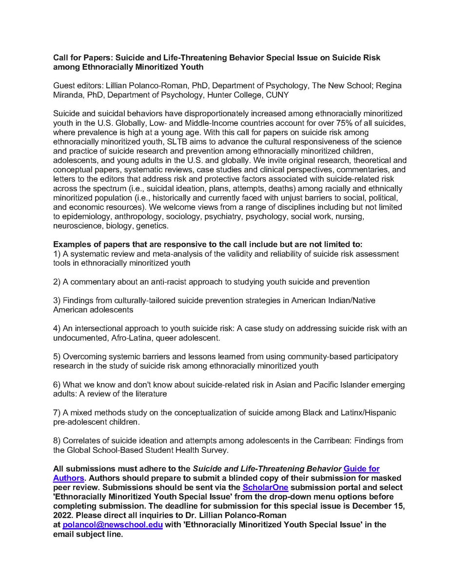 Call for Papers: Special issue of Suicide &amp; Life-Threatening Behavior (@wileypsychology) on suicide risk among ethnoracially minoritized youth, guest edited by <a href="/youthsuicideres/">Youth Suicide Research Consortium</a> members Lillian Polanco-Roman of <a href="/TheNewSchool/">The New School</a> &amp; <a href="/MirandaLabCUNY/">Regina Miranda, Ph.D. (Miranda Lab)</a> of <a href="/Hunter_College/">Hunter College</a>. Deadline Dec 15.