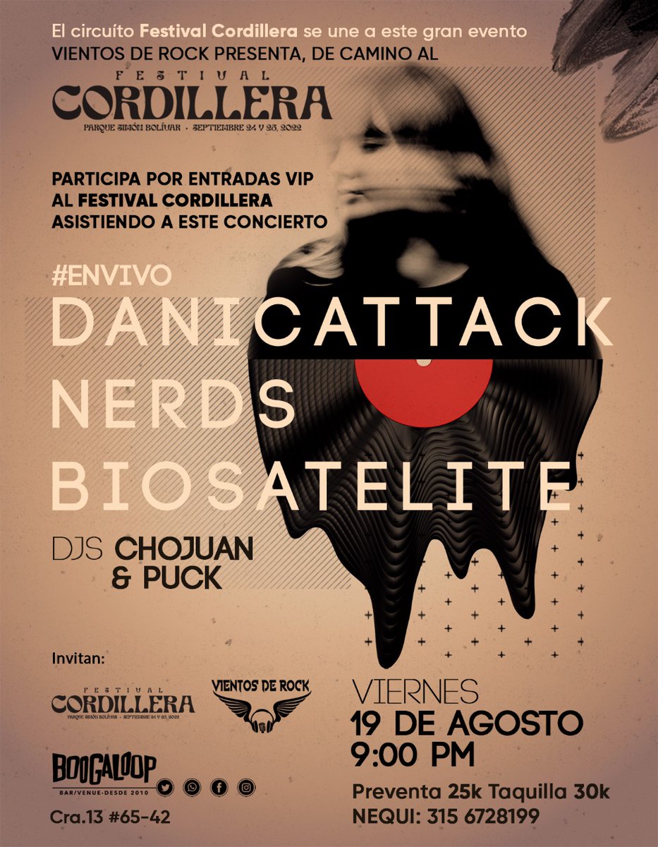 Seguimos DE CAMINO AL FESTIVAL  CORDILLERA. 

Una gran fiesta rockera nos espera en @BoogaloopTeVe con #Danicattack, <a href="/nerdsbanda/">NERDS</a> y <a href="/biosatelite/">Biosatélite</a>. 

Adquiere tus entradas al show del 19 de agosto y participa por entradas VIP  para el <a href="/CordilleraFest/">Festival Cordillera</a>

Vive #VientosdeRock