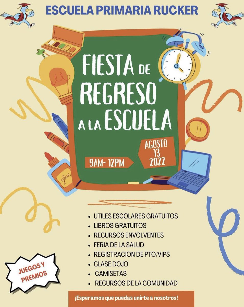 We hope everyone can join us on Saturday, August 13 from 9-12 for our Back to School Bash! 🎒 📝 🏀 
¡Esperamos que todos puedan unirse a nosotros el sábado, 13 de agosto de 9 a 12 para nuestra Fiesta de Regreso a la Escuela! #TheRuckerWay #OutofthisWorld