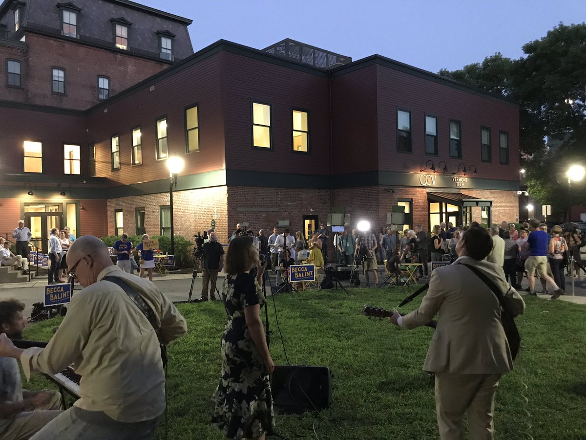Decent turnout for <a href="/BeccaBalintVT/">Becca Balint</a> election night party in downtown Brattleboro. Supporters increasingly amped as results roll in, and Balint herself will deliver a speech after the race is called