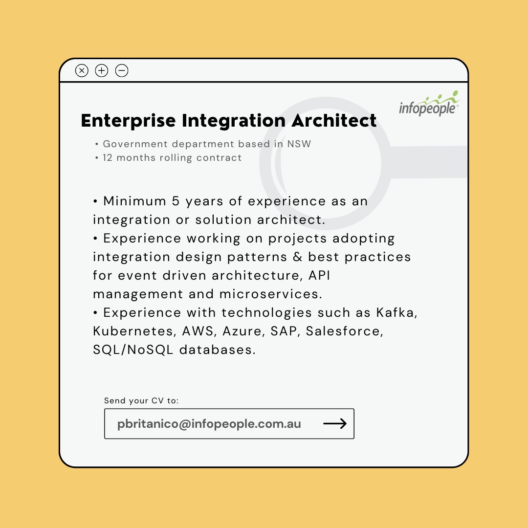 Infopeopleau's tweet photo. We are hiring!
Title: Integration Architect
Location: Government department based in NSW
Duration: 12 months rolling contract
To know more about the role, please reach out to Paula at 02 8227 4525 / pbritanico@infopeople.com.au. Thank you!
#hiring #IntegrationArchitect https://t.co/CLcASRShqG
