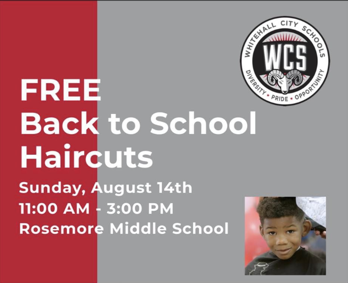WhitehallRAMS's tweet photo. FREE back to school haircuts by local barbers for all Whitehall students. Sunday, August 14th from 11:00 - 3:00 PM at Rosemore Middle School #GoRams #RamsWay https://t.co/m6Y1gJezx4