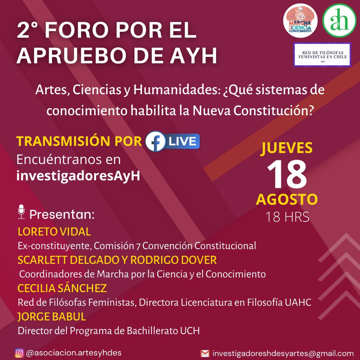 InvesAyH's tweet image. 🟢 Reserven la fecha!
2° Foro para #InvestigadoresporelApruebo
Uniendo a artes, ciencias naturales, humanidades y ciencias sociales.
Nos acompañarán @LoretoVidalH,  Scarlett Delgado y @BioDovScience de @ScienceMarchCL, Cecilia Sánchez de @rff_chile y @JorgeBabul 
Les esperamos!