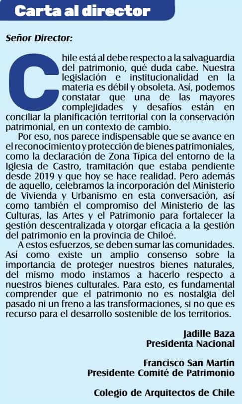 Carta publicada en <a href="/elinsularcl/">El Insular</a> de Chiloé, a propósito de la declaración de Zona Típica del entorno de la Iglesia de Castro <a href="/JadilleBaza/">Jadille Baza</a> <a href="/francisco_sanma/">Francisco San Martín</a> <a href="/colegioarq/">Colegio de Arquitectos de Chile</a> <a href="/CoArqChiloe/">CoArqChiloé</a>