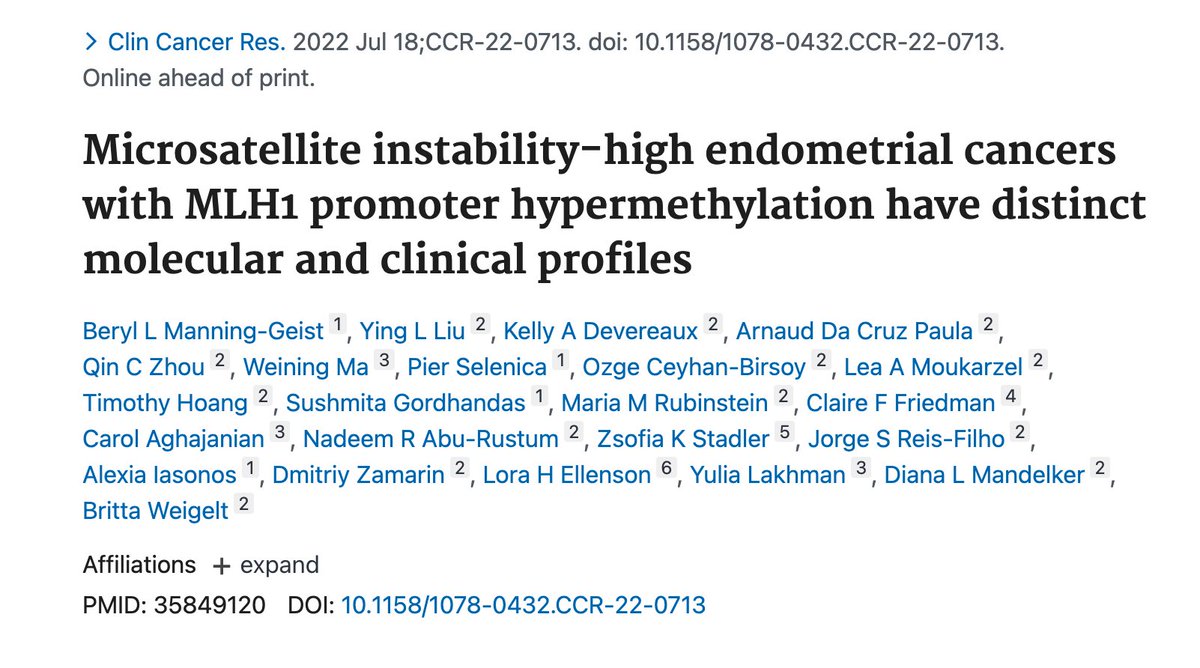 MSKCC Team Uterus (@teamendo_msk) on Twitter photo Not all microsatellite instability-high (MSI-H) endometrial carcinomas (ECs) behave the same. An interesting study, by one of our own @Doctor_Bery, underlining the distinct behavior of MSI-H EC with MLH1 promoter hypermethylation. pubmed.ncbi.nlm.nih.gov/35849120/
<a href="/MSKCancerCenter/">Memorial Sloan Kettering Cancer Center</a> Not all microsatellite instability-high (MSI-H) endometrial carcinomas (ECs) behave the same. An interesting study, by one of our own @Doctor_Bery, underlining the distinct behavior of MSI-H EC with MLH1 promoter hypermethylation. pubmed.ncbi.nlm.nih.gov/35849120/
<a href="/MSKCancerCenter/">Memorial Sloan Kettering Cancer Center</a>