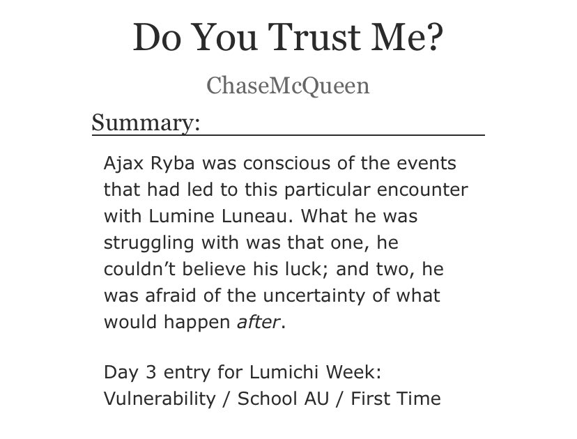 luvinparamore's tweet photo. 🔞🔞 #lumichi #蛍タル #LumichiWeek2022 @LumichiWeek
Day 3 - Vulnerability / School AU / First Time
Again, mind the tags in this work! Please and thank you, enjoy 💖💖
#LumichiWeek #nsfw
https://t.co/ylQU8ne2mC https://t.co/eFXYfkvm6A