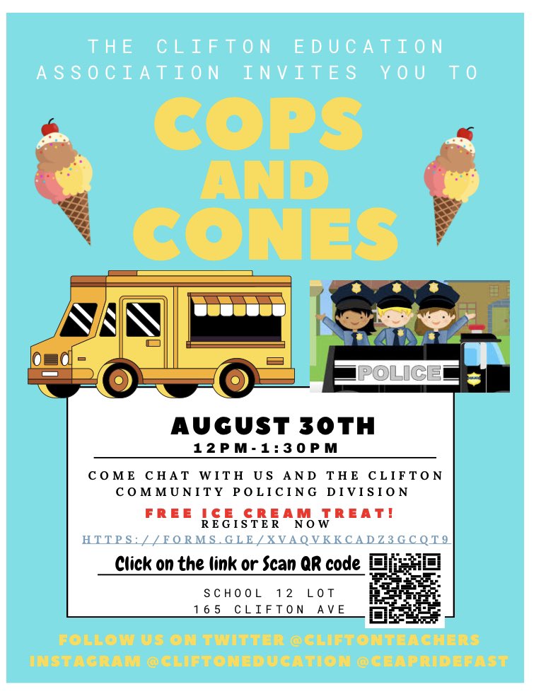 CEA_PrideFAST's tweet photo. Come join us for our 2nd Cops and Cones event! Clifton families register now! @CliftonSupt @cliftonschools @CliftonTeachers @CliftonMagazine @Clifton_NJ_PD @clifton_nj https://t.co/zBVztqYZQh