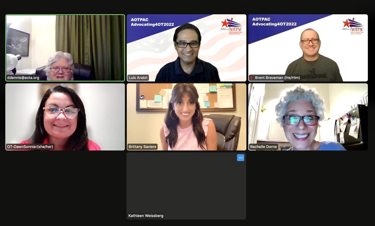 We just concluded our Aug 2022 virtual teleconf mtng with fellow #AOTPAC board members &amp; our #aotpacambassadors very productive meeting! Thank you all for joining us tonight! #occupationaltherapy #OTadvocate <a href="/DarleneAOTPAC/">Darlene Dennis</a> <a href="/SonnierDawn/">Dawn Sonnier</a> <a href="/OTDorne/">Rachelle Dorne</a> <a href="/BrentBraveman/">Brent Braveman</a> #aotpacdir5