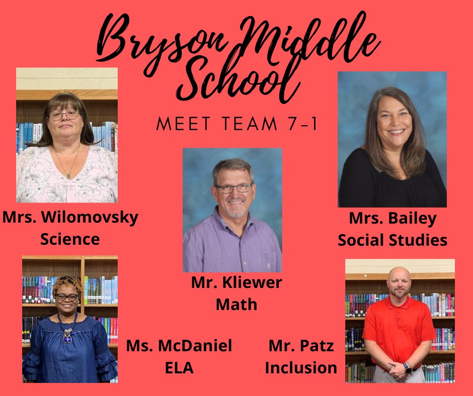 Bryson_MS's tweet photo. Meet our 7th Grade teams and our 7th/8th grade team....they are getting ready to greet all of our 7th grade Bryson Bulldogs at our Meet the Teacher drop-in event on 8/11 from 5:30-6:30pm and on the first day of school! #BacktoBryson https://t.co/s8A7ktvkQI