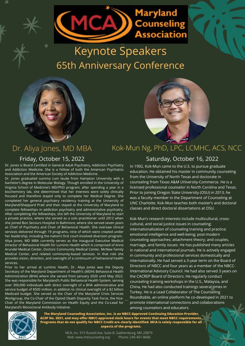 md_counseling's tweet photo. Check out our Keynote Speakers! Please join us for our 65th Annual Conference! #Multicultural #CounselorsAdvocate #MCA65th Register at https://t.co/pGyaBWS28b https://t.co/oBn5f37quz