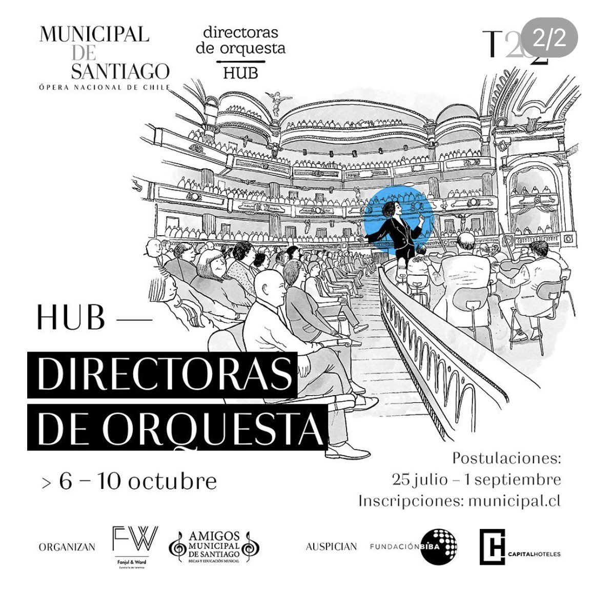 Anunciamos el primer Hub para Directoras de Orquesta. Clases magistrales, análisis de partituras, conversaciones, trabajo práctico con Orquesta de Cámara del <a href="/MunicipaldeStgo/">Teatro Municipal de Santiago</a> A la cabeza: Alejandra Urrutia. Postulaciones  e info municipal.cl Ilustración: Alvarejo