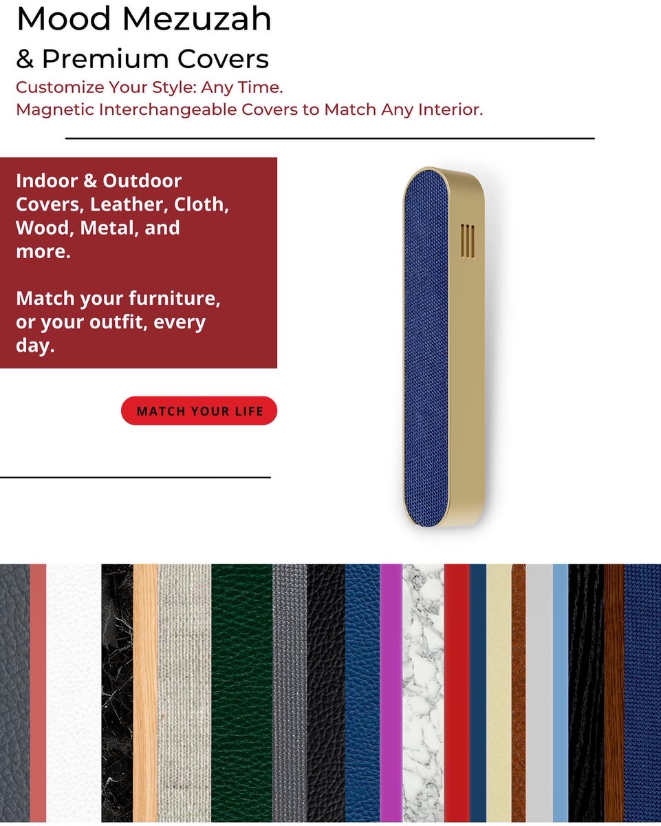 Uvtuvo's tweet photo. Mood Mezuzah is fashion for the home, on demand.

Mezuzahs match any style, for your home, office, or project, interior or exterior. Richly textured cover materials designed in nearly 80 style combos, swap out with a magnetic click to match your Mood, any time.

#modern #judaica https://t.co/EZyJ5Nr82G