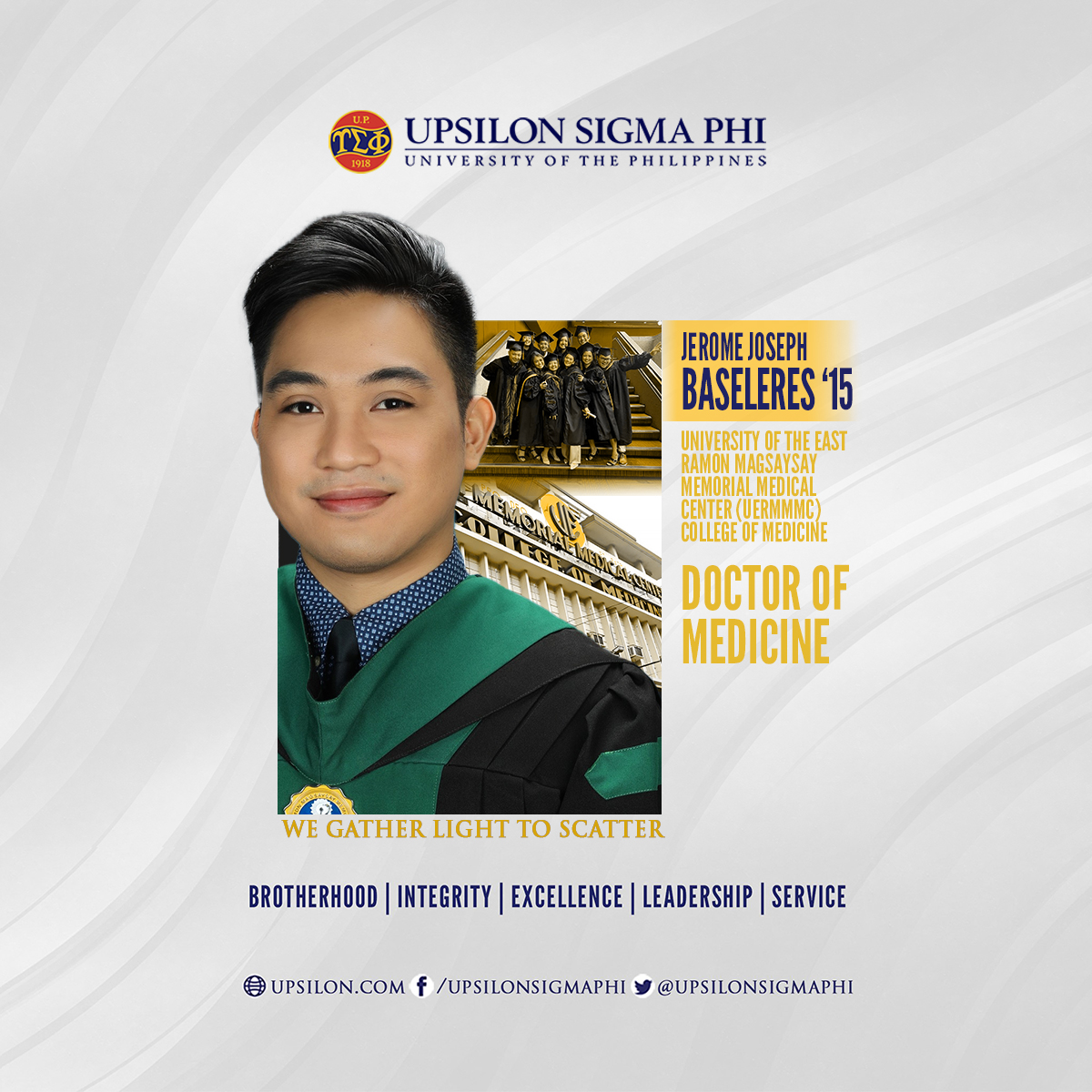 upsilonsigmaphi's tweet photo. The #UpsilonSigmaPhi congratulates Fellow ๐๐ฒ๐ฟ๐ผ๐บ๐ฒ ๐๐ผ๐๐ฒ๐ฝ๐ต ๐ . ๐๐ฎ๐๐ฒ๐น๐ฒ๐ฟ๐ฒ๐ '๐ญ๐ฑ for completing his Doctor of Medicine degree at the @UERMOfficial (UERMMMC) College of Medicine.
#AghamUpsilon
#UpsilonLeads
#UPManila
#UERM https://t.co/1fbNlsUMhN