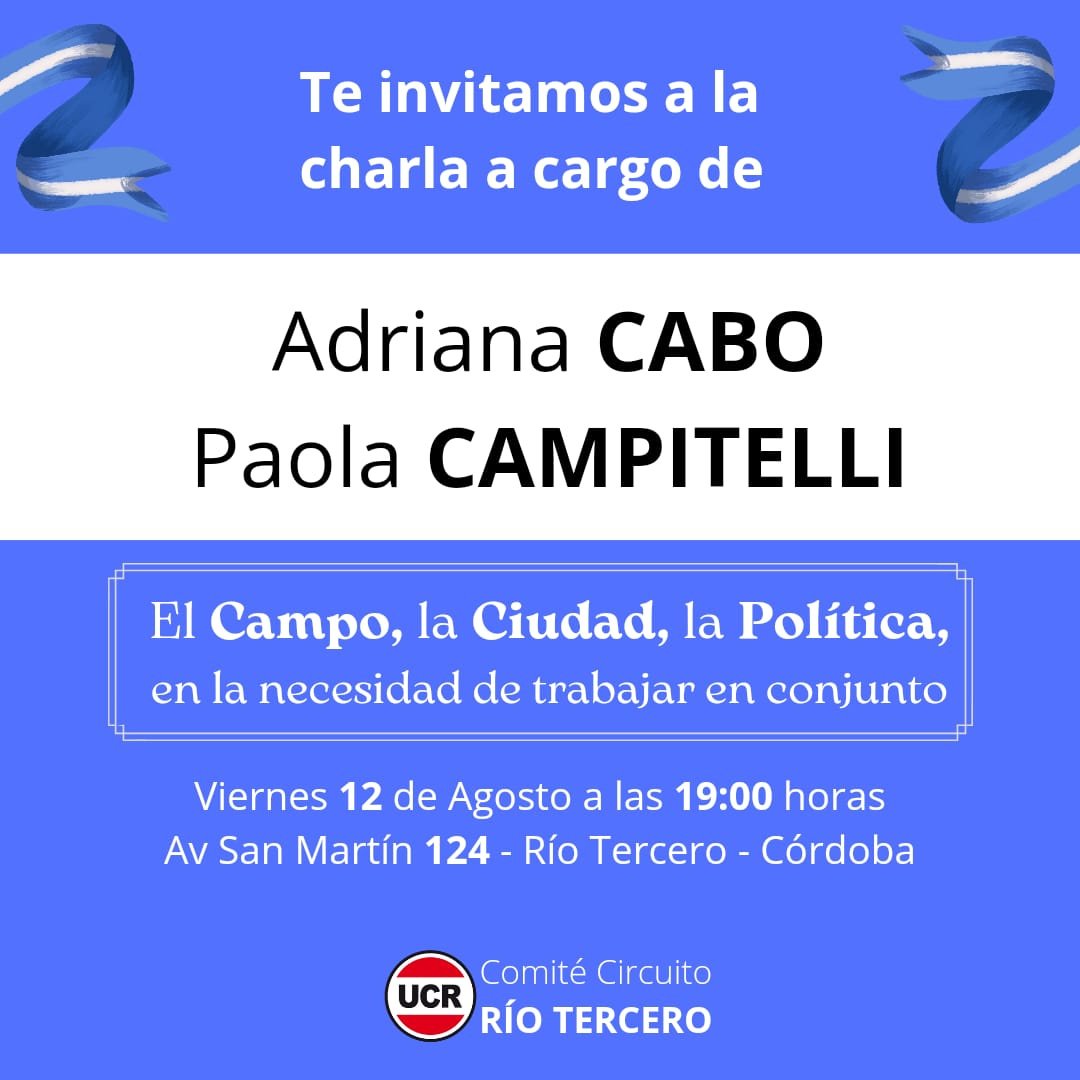 📣 Estás invitado a sumarte. Charla con los temas de la actualidad.
🇵🇱 Organiza Comité Circuito Río Tercero 

👉 <a href="/adrianacabo2/">adriana cabo/</a>
👉 <a href="/PaolaCampitell1/">Paola Campitelli</a>