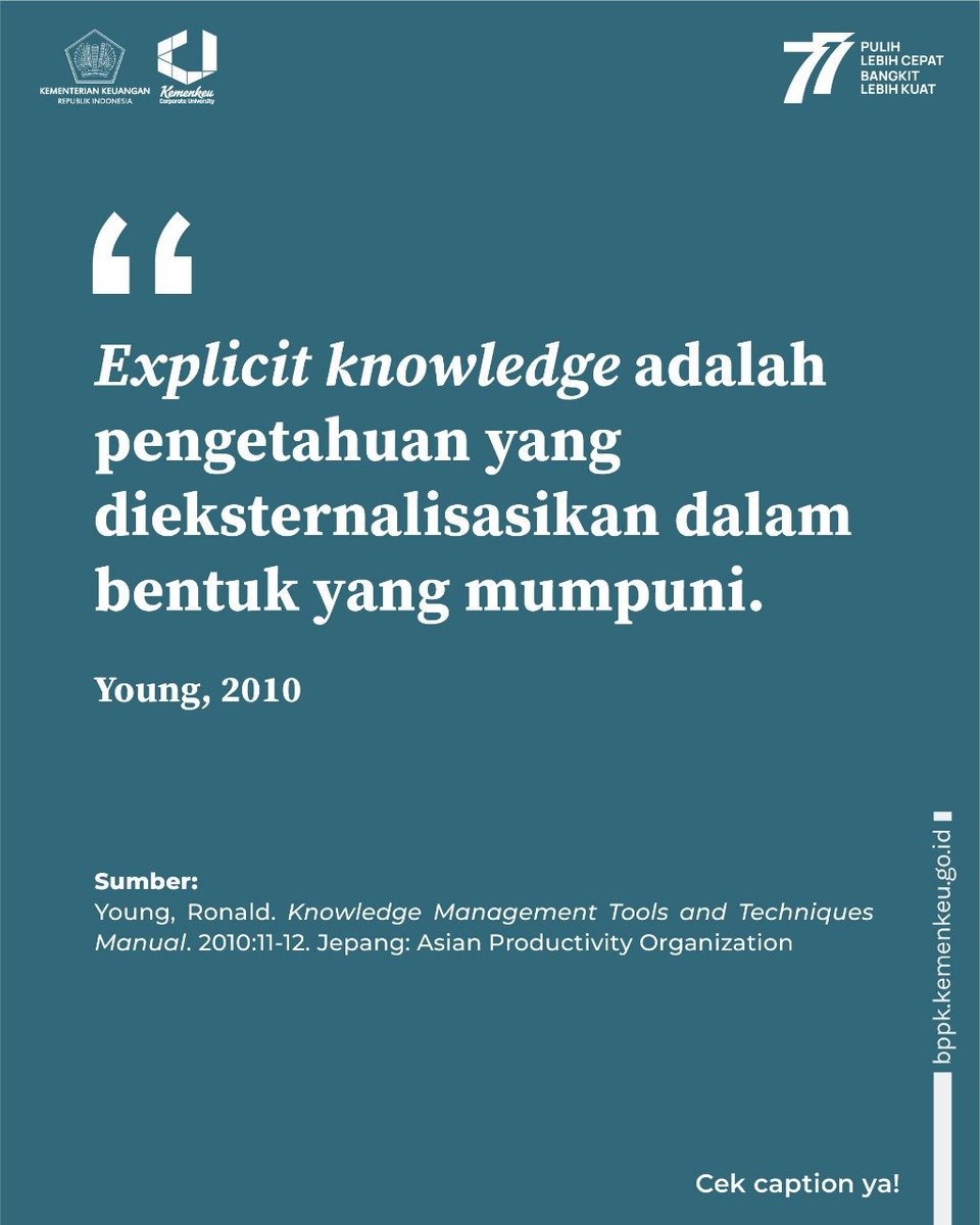BPPKkemenkeu's tweet image. c. Ilmu terkait pekerjaan di Kementerian Keuangan yang terdapat pada knowledge repository Kemenkeu Learning Center (KLC)

Share di kolom komentar, apa saja Explicit Knowledge yang Warganed ketahui?

#BelajarTanpaBatas
#KitaPemelajar
#ExplicitKnowledge
#KnowledgeManagement