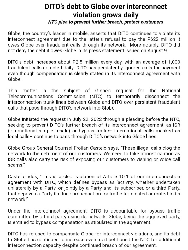 PhilippineStar's tweet photo. LOOK: Globe Telecom Inc. warns Dito Telecommunity that its debt payable to Globe goes up by P2.5 million every day due to the fraudulent calls coming from Dito. At present, Dito owes Globe at least P622 million in penalties | @alyasjah https://t.co/DNkEbb5xUo
