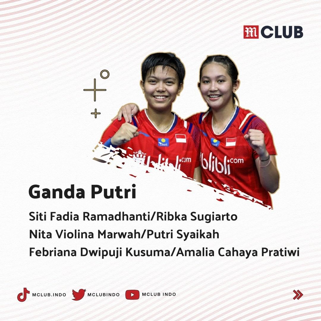 MClubIndo's tweet photo. Ganda Putri sendiri, Indonesia menurunkan tiga pasangan terbaiknya yaitu : 

- Siti Fadia Ramadhanti/ Ribka Sugiarto
- Nita Violina Marwah/ Putri Syaikah
- Febrina Dwipuji Kusuma/ Amalia Cahya Pratiwi https://t.co/8zrmSHt7Go