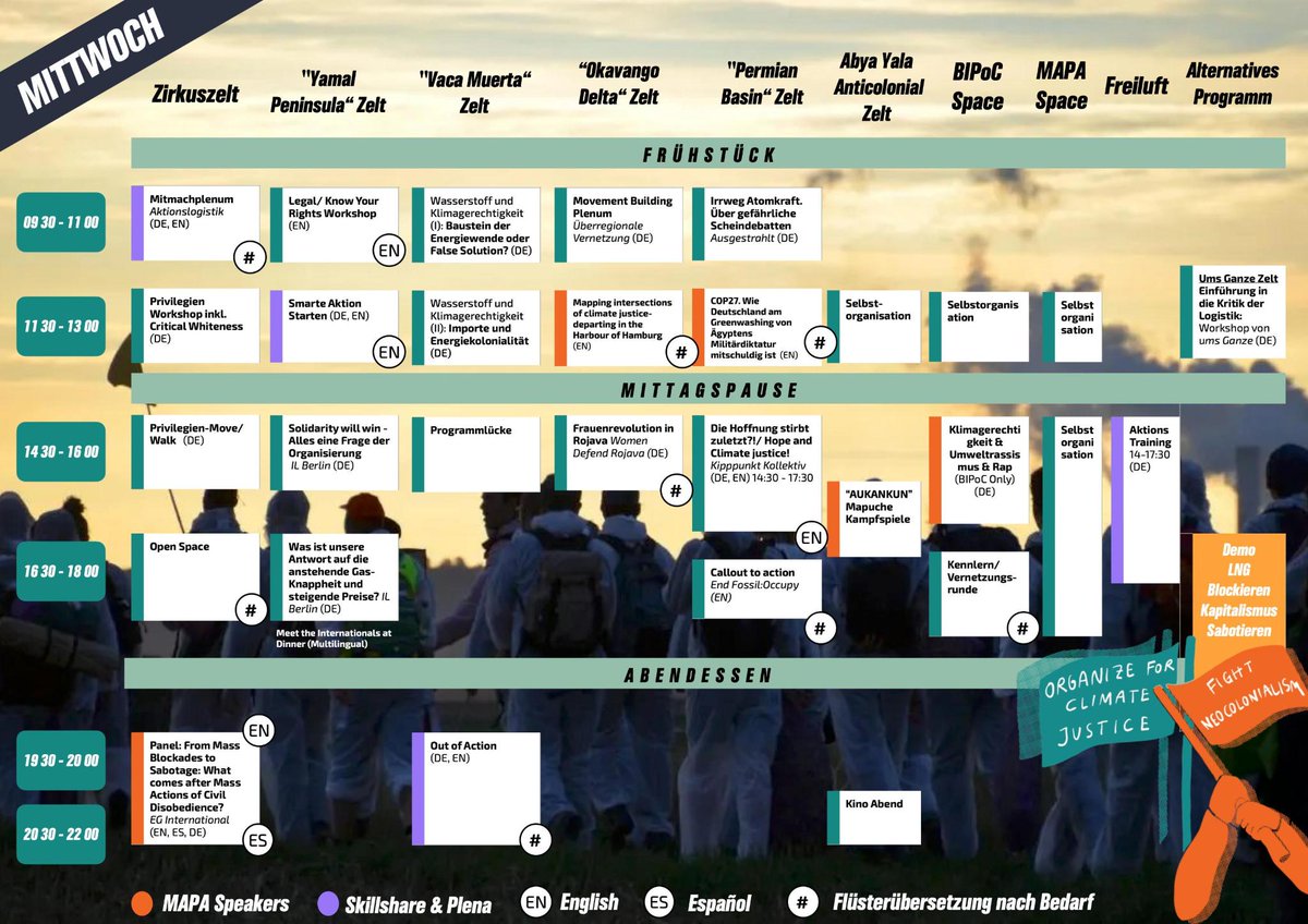 Guten Morgen, liebe Aktivisti! ☕️🥪'#Privilegien-Move, Scheindebatte #Atomkraft, #Mapuche Kampfspiele & #CriticalWhiteness'. 
Ihr habt heute wieder die Qual der Wahl aus über 20 spannenden Veranstaltungen auf dem @SystemChange_C.amp. Viel Spaß! 😊