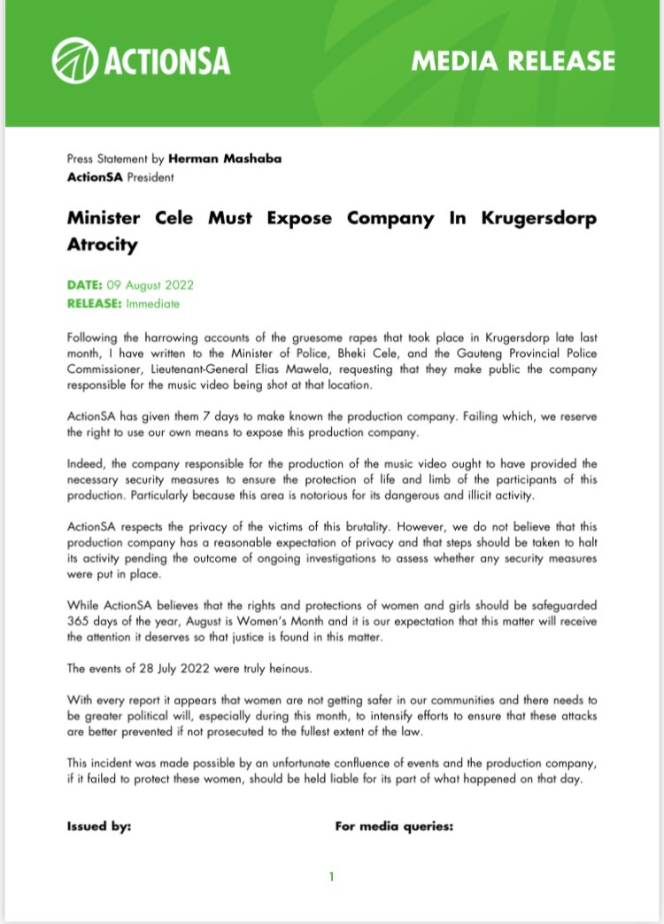 NkeleMolapo's tweet photo. Press Statement by @HermanMashaba 
@Action4SA President
 
Minister Cele  Must  Expose  Company In Krugersdorp Atrocity 

DATE: 09 August 2022
RELEASE: Immediate https://t.co/iOD4330BKq