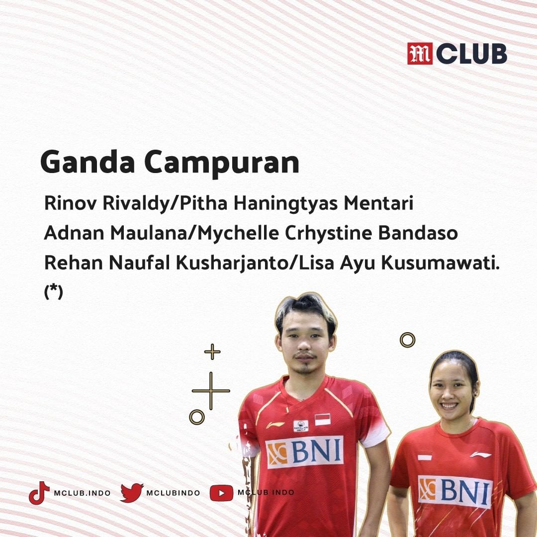 MClubIndo's tweet photo. Berikutnya di Ganda Campuran, tiga pasangan Indonesia yang diturunkan yaitu : 

- Rinov Rivaldy/ Pitha Haningtyas Mentari
- Adnan Maulana/ Mychelle Crhystine Bandaso
- Rehan Naufal Kusharjanto/ Lisa Ayu Kusumawati https://t.co/GrvL0gLqb2