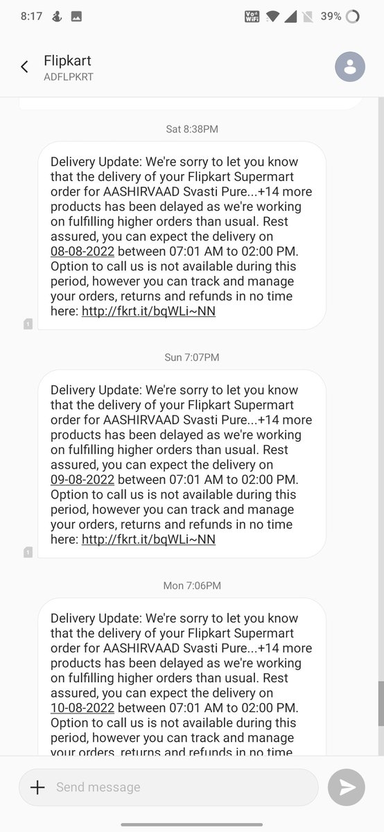 prashant_punyni's tweet photo. @Flipkart @flipkartsupport order placed on 29th June, promised delivery date - 4th Aug, which is already late by industry standards. Delay of 8 days, app designed to not let customer escalate concern, executives couldn't care less.

Never again! https://t.co/IODyhHJ2AF