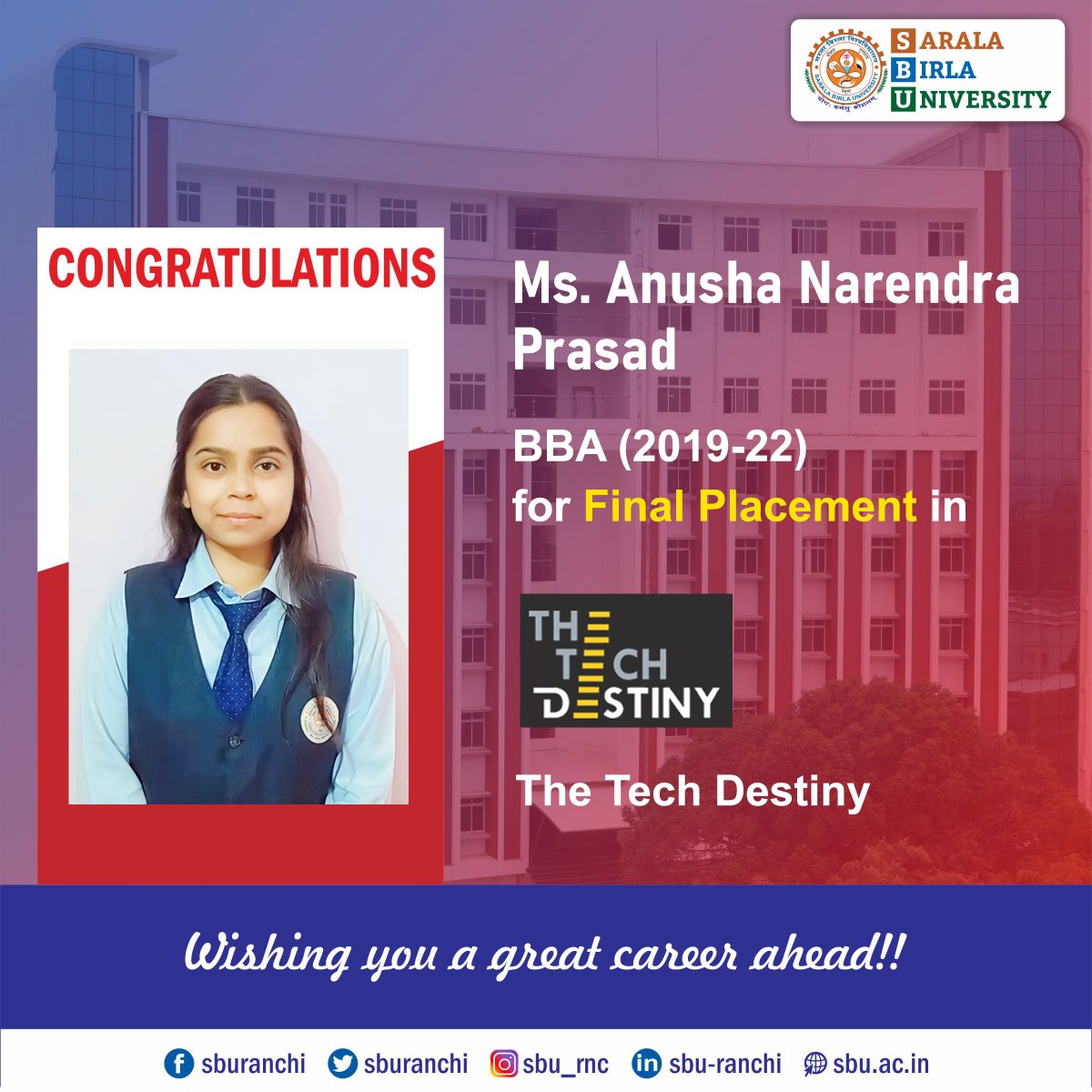 sburanchi's tweet photo. Congratulations to our BBA 2019-22 Batch Students for their Final Placement in The Tech Destiny.
#sbu #sburanchi #campusplacement #finalplacement #bba #bbaplacement #thetechdestiny https://t.co/kF9wPEx72J
