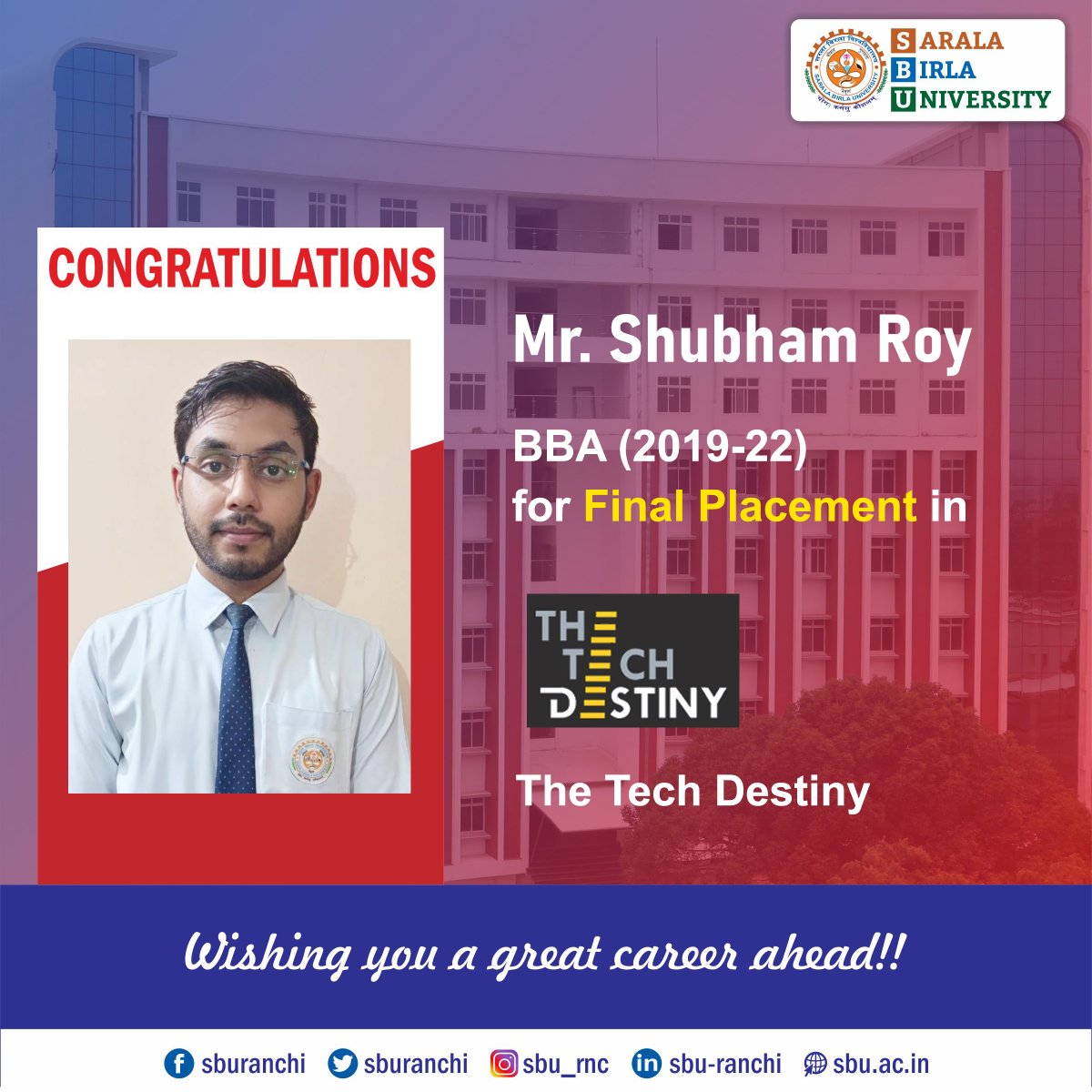 sburanchi's tweet photo. Congratulations to our BBA 2019-22 Batch Students for their Final Placement in The Tech Destiny.
#sbu #sburanchi #campusplacement #finalplacement #bba #bbaplacement #thetechdestiny https://t.co/kF9wPEx72J