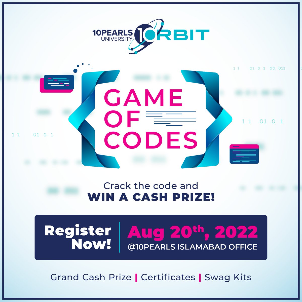 10PUniversity's tweet image. Islamabad, are you ready? 🚀
Charge your laptops and brace yourselves for #GameofCodes, a thrilling #SpeedProgramming #coding #competition headed your way on August 20th.
📌 Don't let this opportunity slip by, register now: bit.ly/GOC-ISL