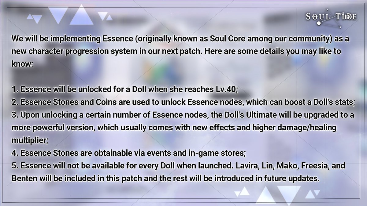 SoulTide's tweet photo. We will be implementing Essence (originally known as Soul Core among our community) as a new character progression system in our next patch. Here are some details you may like to know.

#SoulTide #Lemcnsun https://t.co/bbGb9XCgng