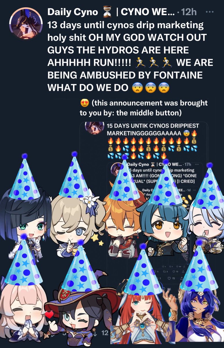 cynodailyy's tweet photo. omg guys the hydros were just here to celebrate #1000daysofcyno 🥰 (also kandake and nilou told me that cyno and their drip marketing (that is coming out in 12 days) is the drippiest drip marketing ever?!!?!??!!? 😱 https://t.co/QxfbmR6twW