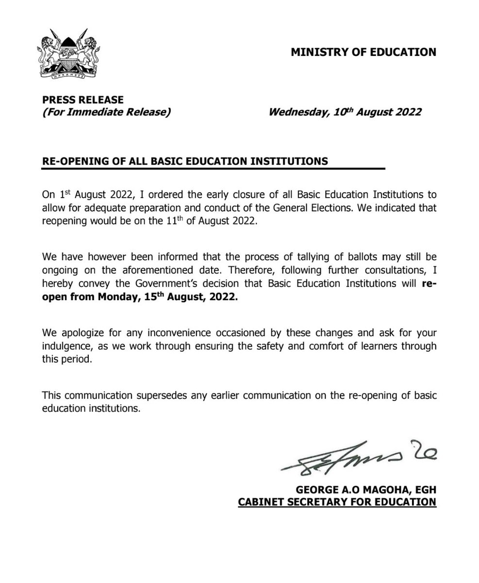 dennothefamous's tweet photo. Schools to Re-open on Monday, August 15, 2022 Education CS George Magoha has announced.

Early Communication had instructed schools to reopen on Thursday, this week but that has now changed.

#
#KenyaDecides2023
Kabogo
Langata https://t.co/TV8XlzWmYc