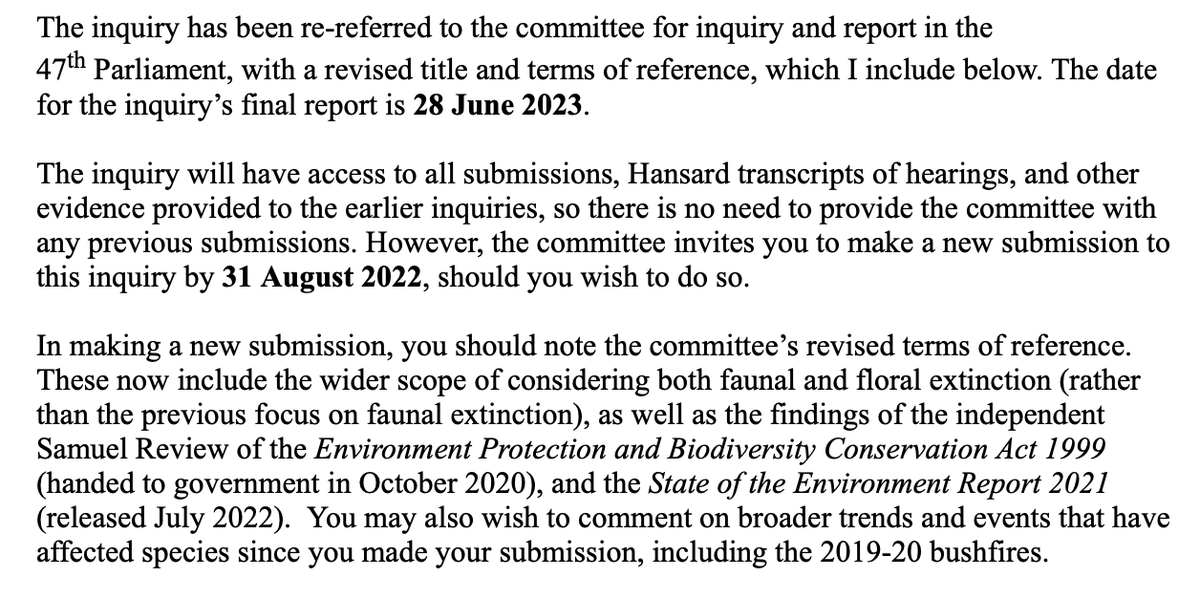 enviro_policy's tweet photo. 💥 Do you remember the Senate inquiry into Australia's faunal extinction crisis (2018-21)?

Well the new Government has reopened the inquiry with a broader scope (incl. plants), plus some other considerations (see pic).

You can make a submission by 31/8: https://t.co/gMPIb9f5PM https://t.co/pcuk5Bq9C0