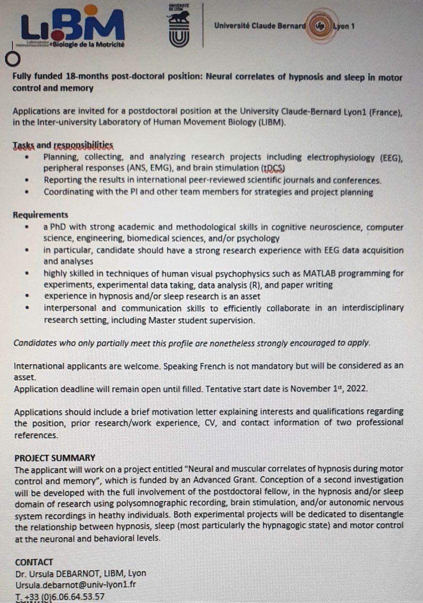 📢New postdoctoral position available in our lab' to work on Hypnosis and Sleep 💤! <a href="/UnivLyon1/">Université Lyon 1</a>  <a href="/LIBM_lab/">LIBM</a>