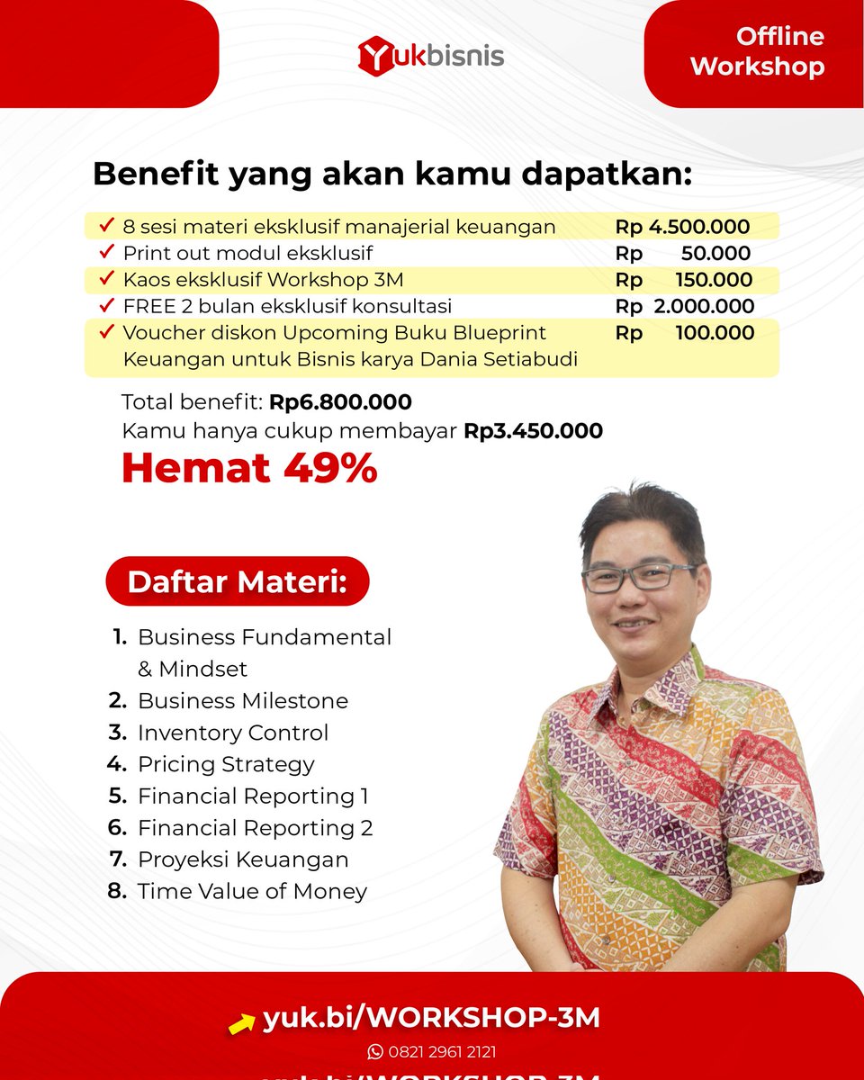 YukBisnisCom's tweet photo. Workshop Keuangan 3M: Blueprint Keuangan untuk UMKM

Khusus buat Juragan yg mau belajar merapikan keuangannya &amp; membuat blueprint keuangan bisnis secara komprehensif, ikutan yuk!

Cukup investasi sebesar 3,2 juta aja (harga early bird), Juragan bisa dapetin value hingga 6,8 juta! https://t.co/fhjEbGIugc