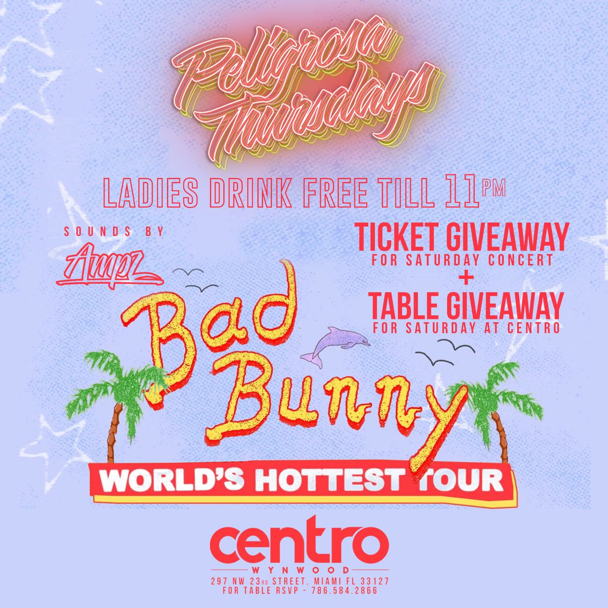 CentroWynwood's tweet photo. BAD BUNNY TICKET GIVEAWAY 🎟 ! This Thursday we will be giving away TWO tickets to the Bad Bunny concert Saturday night + A table at #CentroWynwood after the concert! To enter you must re-tweet and tag your plus one ! #BadBunny #Miami https://t.co/0L42f3Hi5E