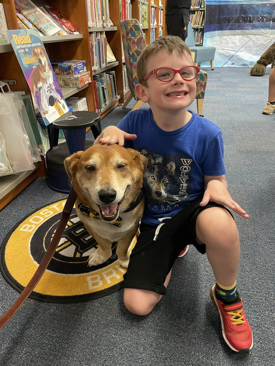 Olliemutt's tweet photo. Therapy Dog Oliver 🐾loves helping the Mass Library Commission 📖 &amp; #nhlbruins 🏒summer reading program “When you read you score” along with old friend First Lady Lauren Baker &amp; Olympian / Boston Pride Colleen Coyne 🥇🏒 &amp; Blades 🐻 #library #summerreading #community https://t.co/Lm7COpN9Nj