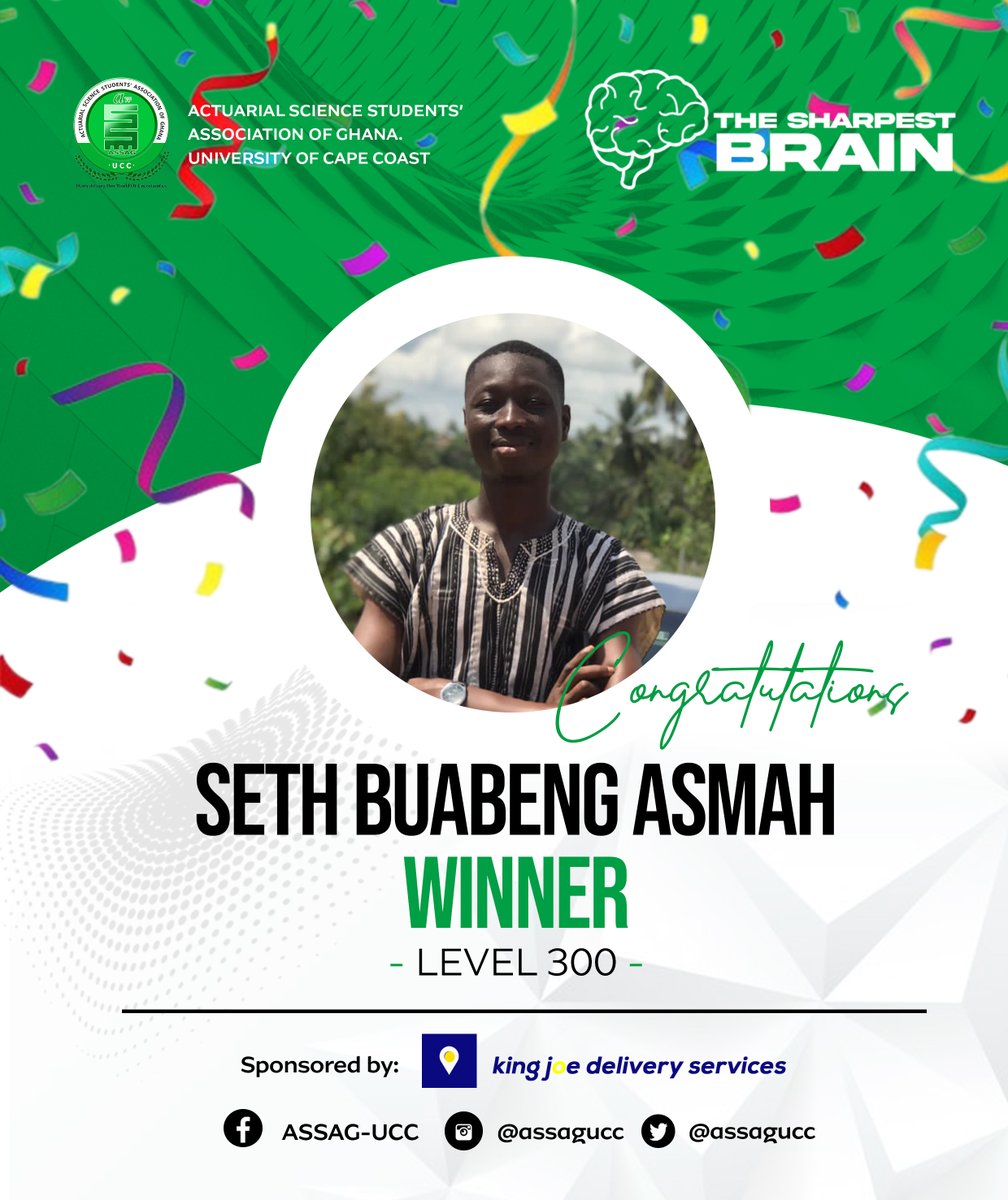 assagucc's tweet photo. The Sharpest Brain Competition 💚⚪

Congratulations to the School of Physical Sciences 2022 dean's award ceremony awardee and our deputy #judicialboard chairman @kweku_buabeng_asmah, level 300 for emerging as WINNER in the #SharpestBrain Competition. WELL DESERVED 🎊🎊🎊💃 https://t.co/PsOLitZ2Ft