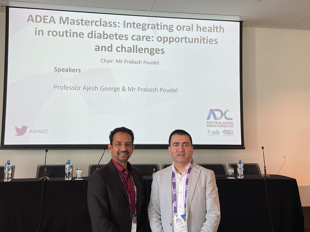 Well done Prakash- your PhD is already driving research impact. I was amazed by the interest of delegates at the #22ADC conference in our #OralHealth training workshop. #Diabetes care providers across Australia voiced interest in changing  their practice 👍🏼 
